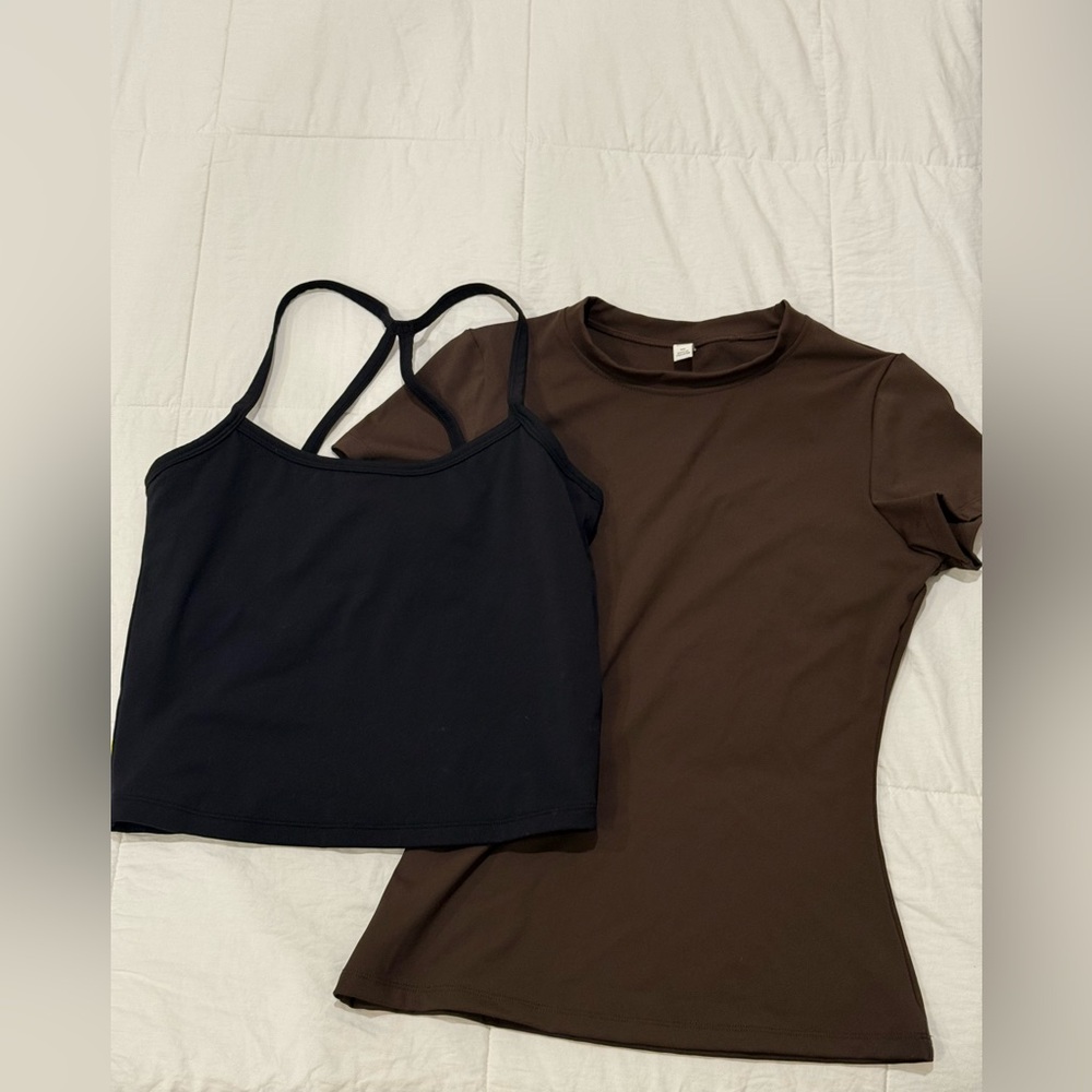 Stretchy Material Black and Brown Women's Tops Set